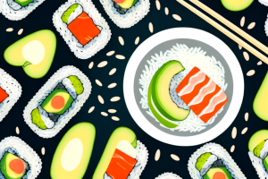 A bowl of sushi rice with avocado slices on top