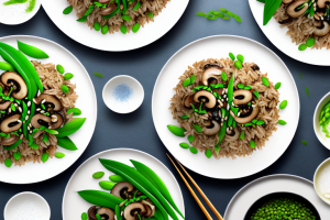 A pan of stir-fried wild rice with shiitake mushrooms and snow peas