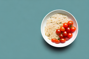 A bowl of arborio rice with tomato and basil