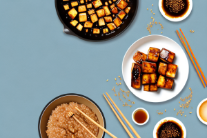 A pan with honey soy glazed tofu and brown rice being stir-fried