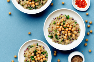 A bowl of quinoa rice with a mediterranean chickpea salad on top