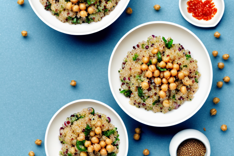 A bowl of quinoa rice with a mediterranean chickpea salad on top