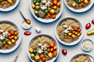 A bowl of quinoa rice with roasted vegetables and feta cheese