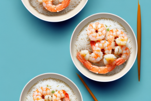 A bowl of cooked basmati rice topped with buttery shrimp scampi