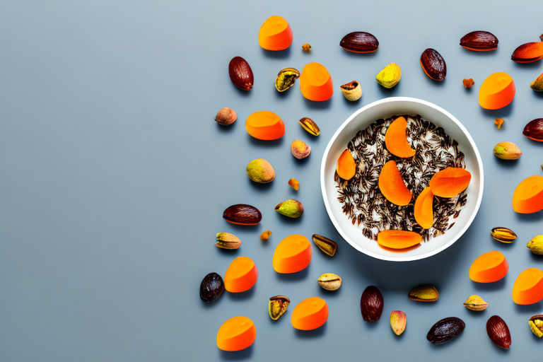 A bowl of wild rice with dried apricots and pistachios