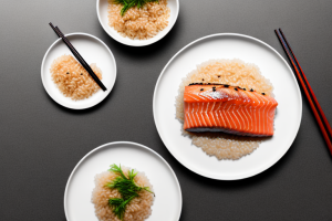 A plate of steamed brown rice with soy ginger glazed salmon