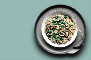 A pan with creamy mushroom and spinach stir-frying with arborio rice
