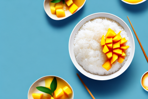 A bowl of jasmine rice topped with a layer of mango sticky rice