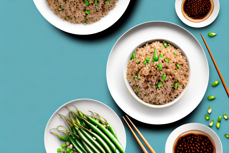 A pan with stir-fried brown rice and snap peas