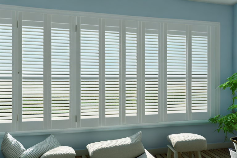 Plantation shutters in a room with a view of the outdoors