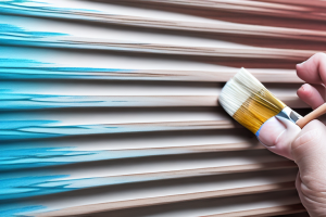 A wooden louvered shutter being stained with a paintbrush