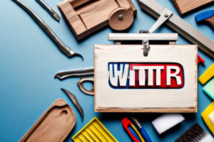 A wooden shutter with a toolbox and cleaning supplies beside it