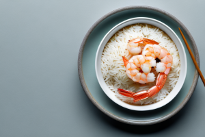 A bowl of steaming basmati rice with shrimp on top