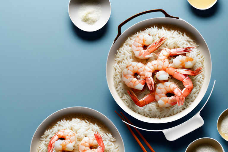 A pan with jasmine rice and shrimp being stir-fried