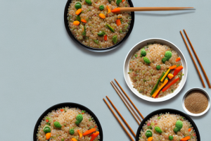 A pan with quinoa rice and mixed vegetables being stir-fried