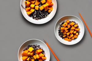 A bowl of steamed wild rice topped with roasted butternut squash