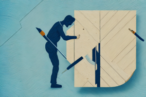 A person fixing a warped piece of plywood using tools