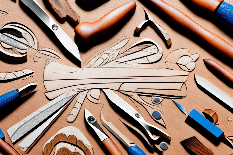 A variety of wood carving tools laid out on a wooden surface