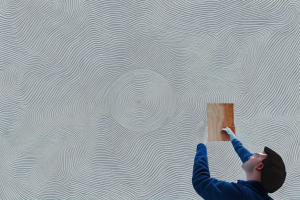 A woodworker inspecting a piece of plywood for warping