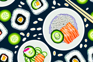 A bowl of sushi rice with cucumber slices on top