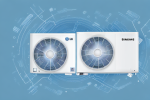 An air conditioner with the lg and samsung logos side-by-side