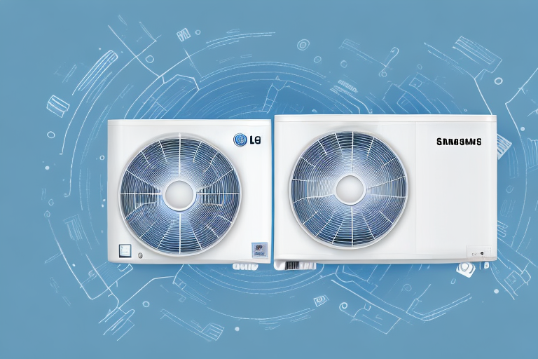 An air conditioner with the lg and samsung logos side-by-side