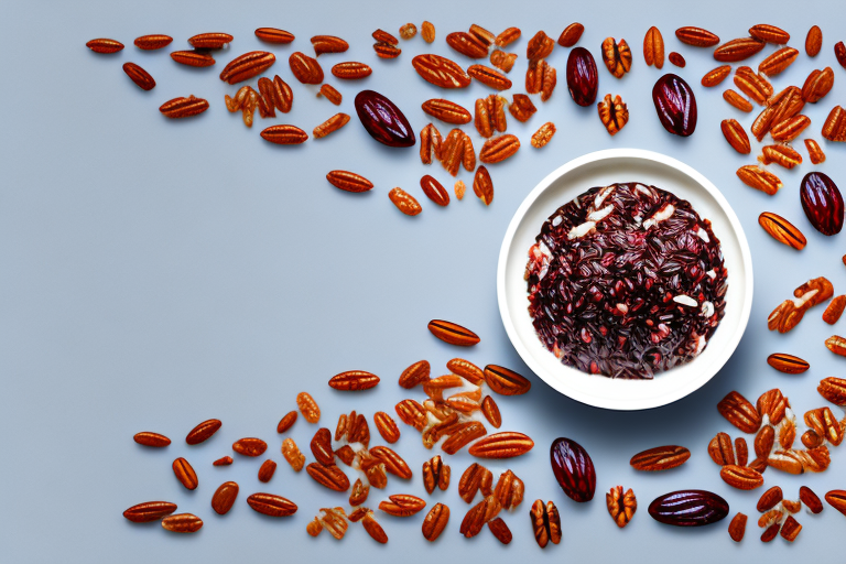 A bowl of cooked wild rice with cranberries and pecans
