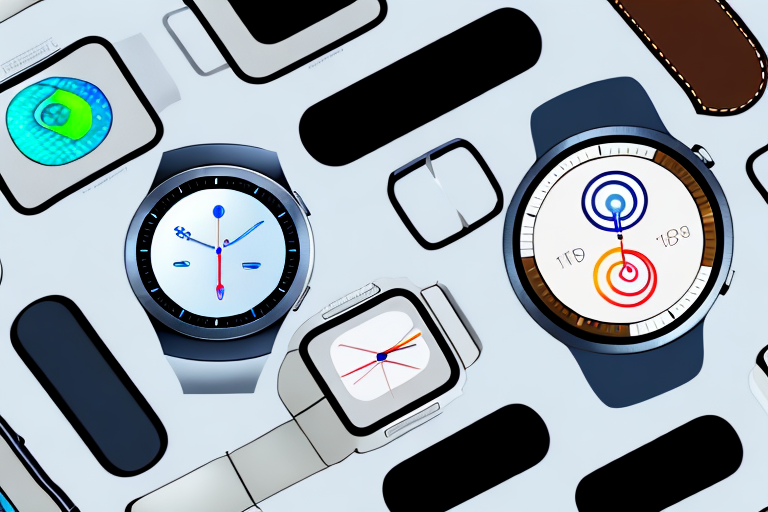 A smartwatch with the samsung and apple logos side-by-side