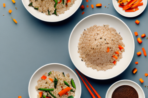 A bowl of cooked brown rice with mixed vegetables