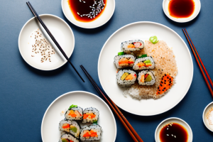 A plate of stir-fried sushi rice with teriyaki chicken