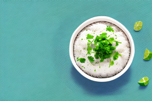 A pot of cooked jasmine rice with limes and cilantro scattered around it