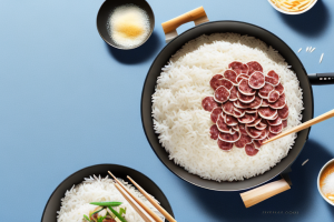 A pan filled with jasmine rice and chinese sausage