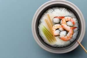 A pot of steaming sushi rice with a shrimp on top