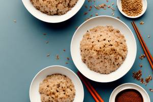 A bowl of steaming brown rice with curried vegetables