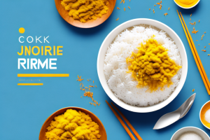 A bowl of cooked jasmine rice with a sprinkle of turmeric