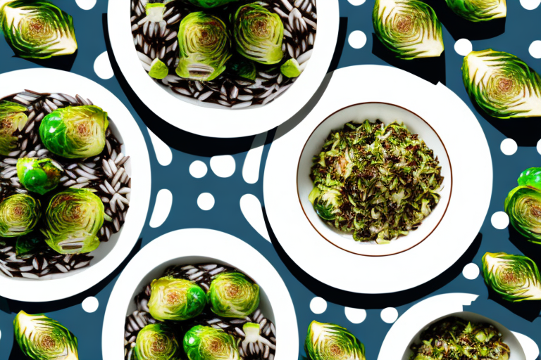 A bowl of steamed wild rice and roasted brussels sprouts