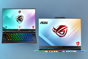 Two gaming laptops with the asus and msi logos visible